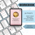 Preview of inner pages from the Abundance Mindset Workbook with journaling prompts and reflective exercises.