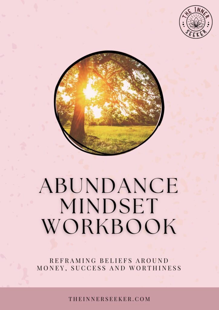 Abundance Mindset Workbook cover – digital self-growth guide for reframing money, success, and worthiness beliefs, The Inner Seeker