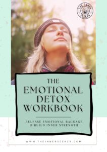 A serene woman with eyes closed, breathing deeply in a forest, featured on the cover of The Emotional Detox Workbook by The Inner Seeker.