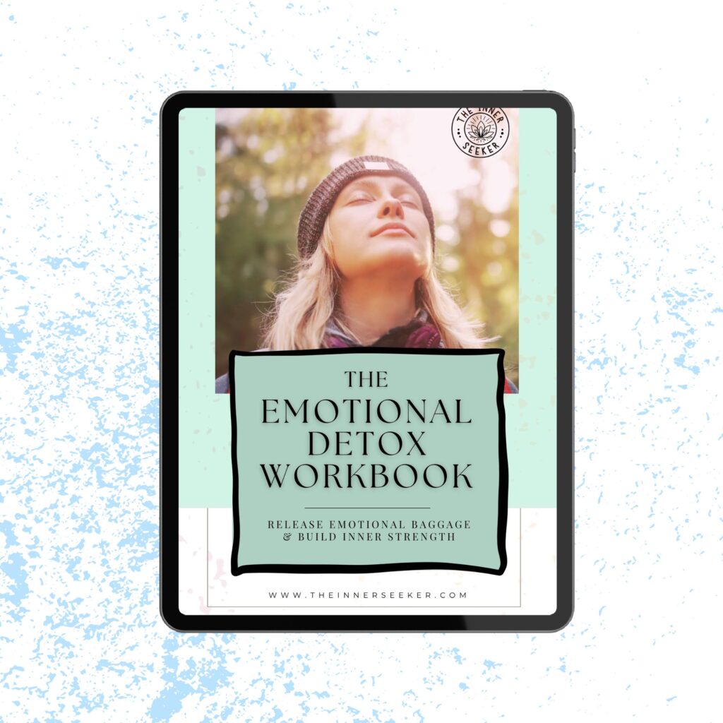 Digital tablet showing the cover of The Emotional Detox Workbook with a peaceful woman in nature and pastel green design.