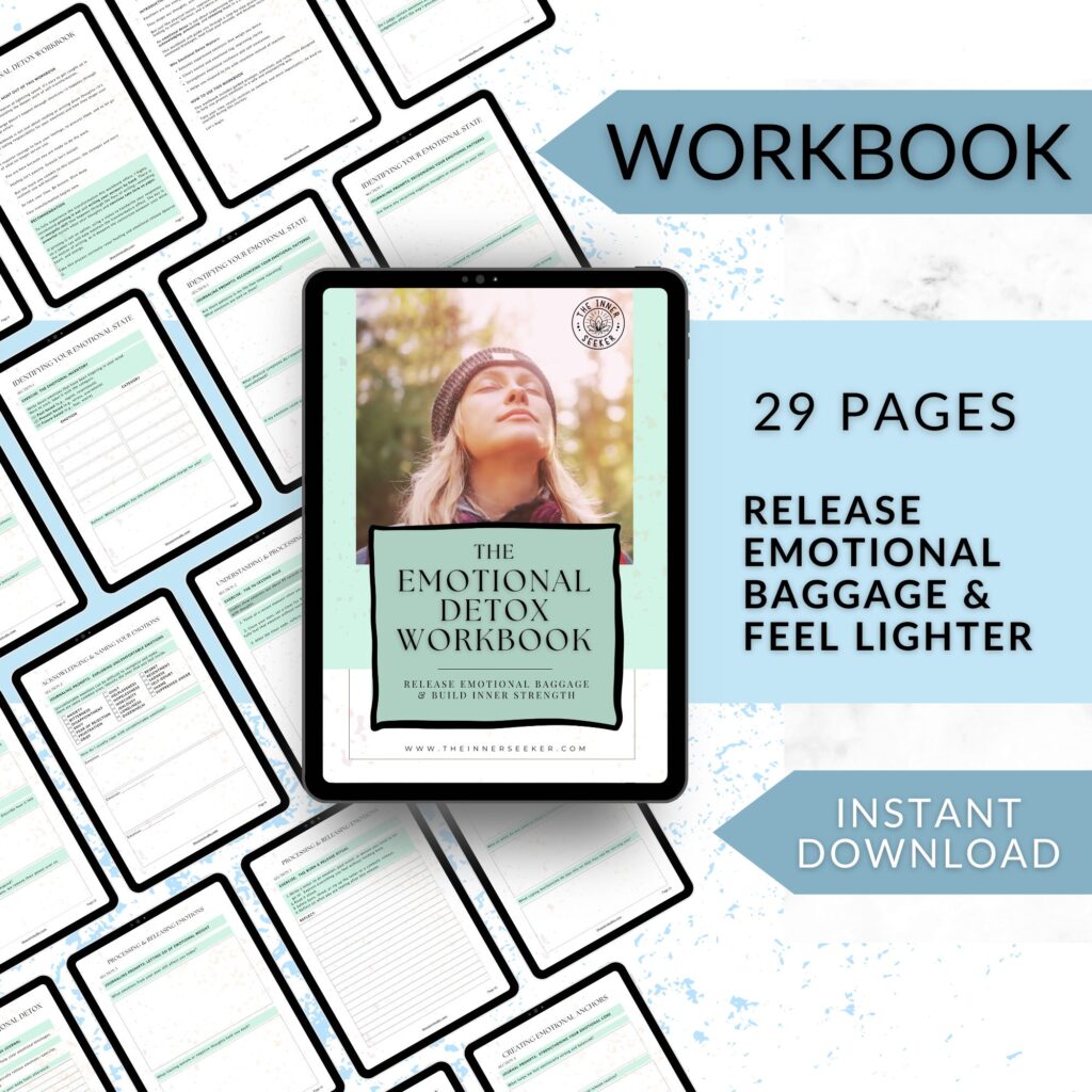 Layout of multiple pages from The Emotional Detox Workbook with the central image of the workbook cover and text highlighting it includes 29 pages and is an instant download.