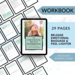 Layout of multiple pages from The Emotional Detox Workbook with the central image of the workbook cover and text highlighting it includes 29 pages and is an instant download.