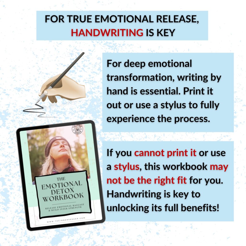 Graphic emphasizing the importance of handwriting for emotional transformation, featuring a hand writing, the workbook cover, and highlighted text about using a stylus or printing the workbook.