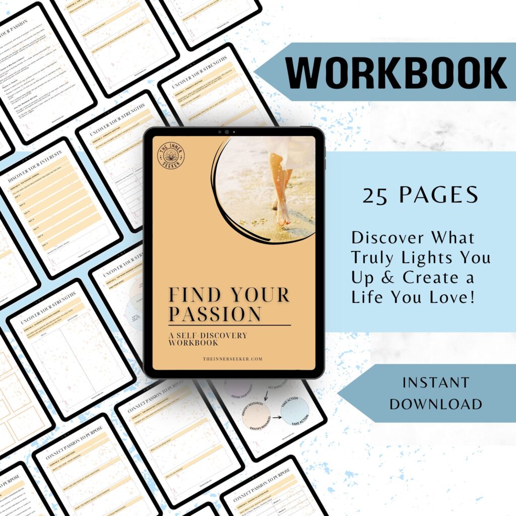 Preview of the "Find Your Passion" self-discovery workbook pages with worksheets and exercises.