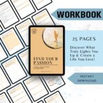 Preview of the "Find Your Passion" self-discovery workbook pages with worksheets and exercises.