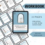 Mindful Living Workbook cover and page previews – digital self-discovery guide for stress-free living, 22-page printable PDF, The Inner Seeker