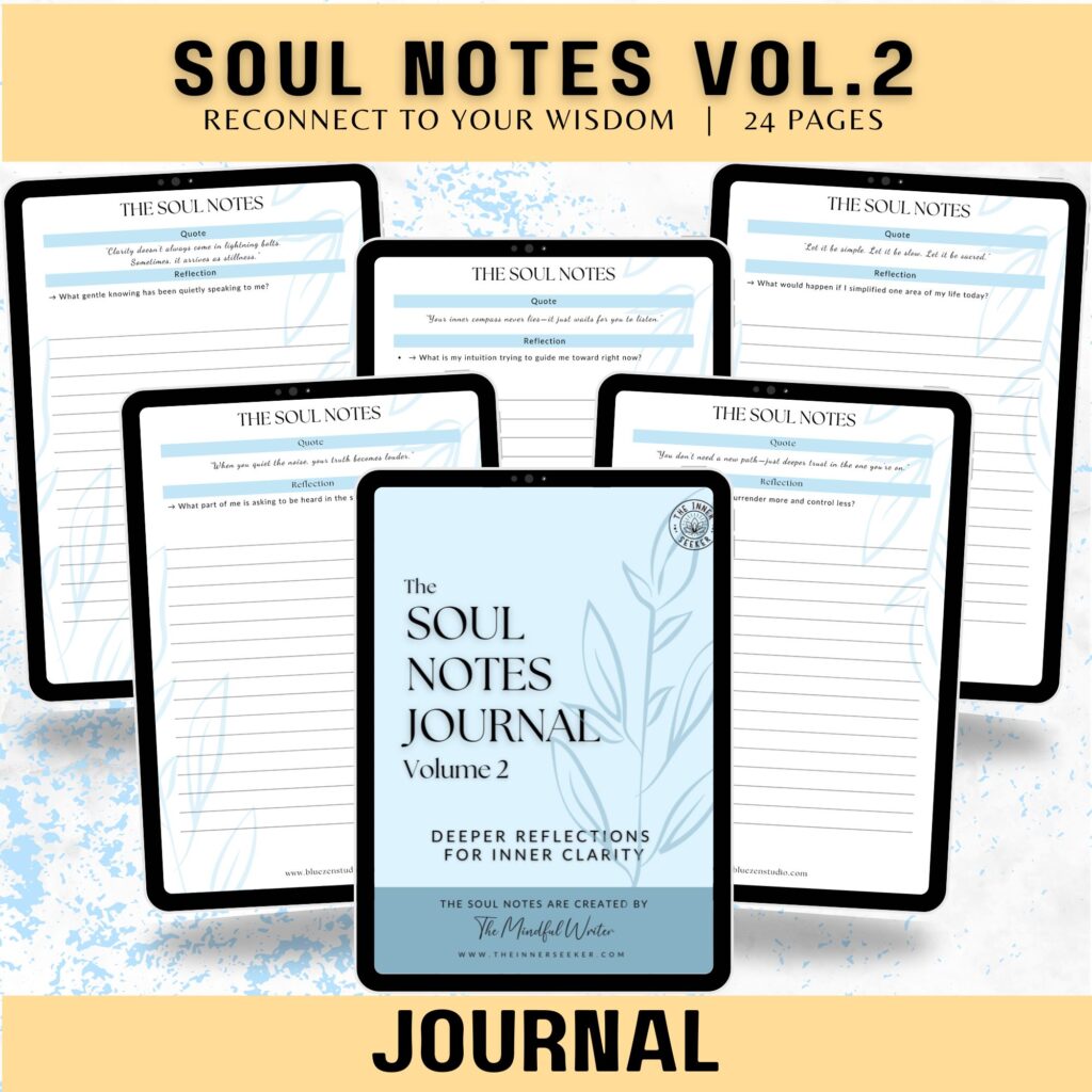 Soul Notes Journal Volume 2 digital mockup showing cover and interior pages on tablet screens, featuring inspirational quotes and reflection prompts for deeper inner clarity.