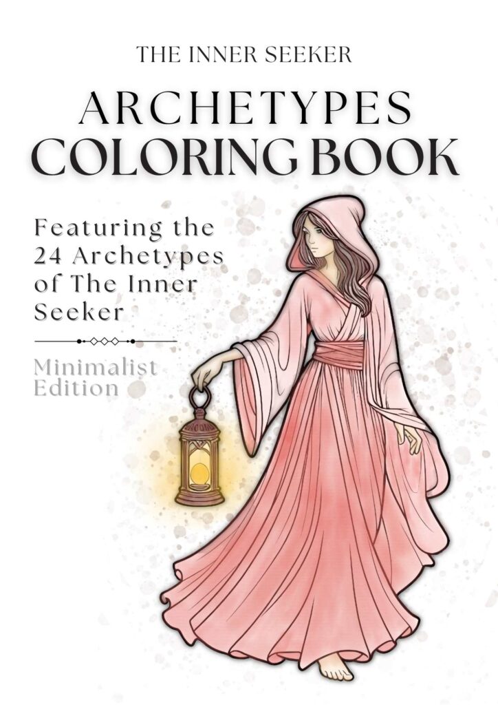 Cover of The Inner Seeker – Archetypes Coloring Book Bundle featuring a feminine figure holding a lantern, text highlights digital + printable bundle