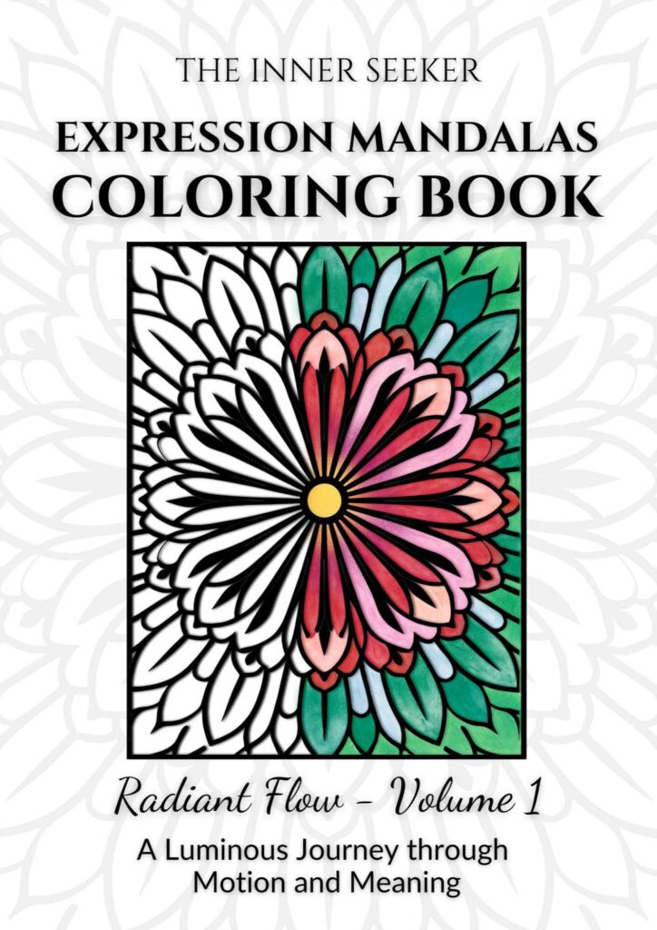 Coloring book cover featuring a vibrant mandala design, half colored in soft reds and greens, from The Inner Seeker’s Expression Mandalas – Radiant Flow Volume 1.