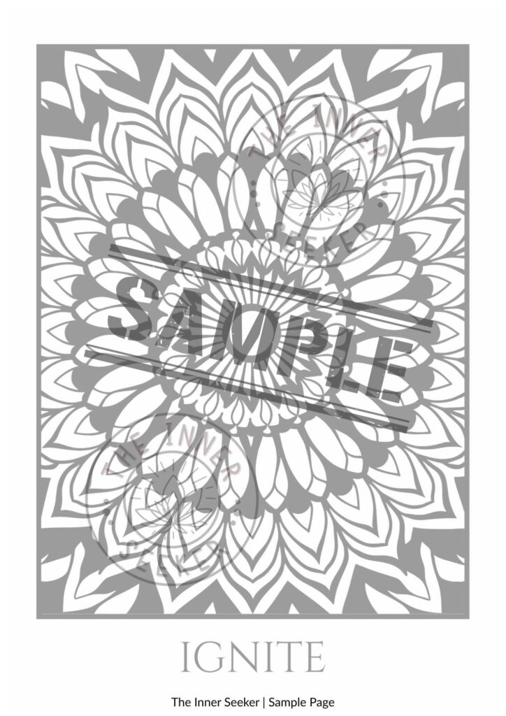 Sample coloring mandala titled Ignite from Radiant Flow