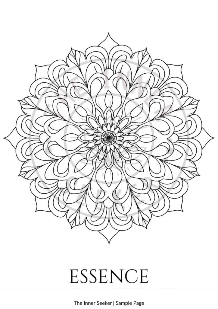 Essence mandala coloring page sample from Signature Mandalas – Botanical Flow by The Inner Seeker