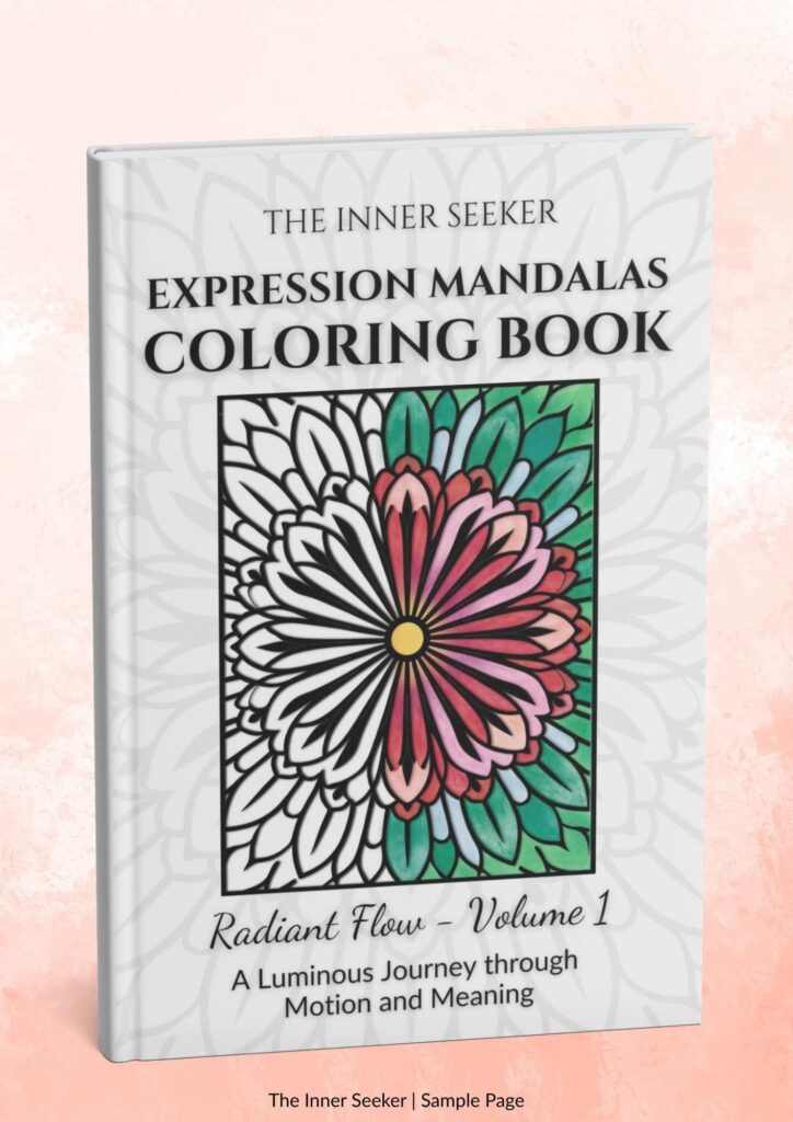 Hardcover mockup of Expression Mandalas Coloring Book with Radiant Flow design