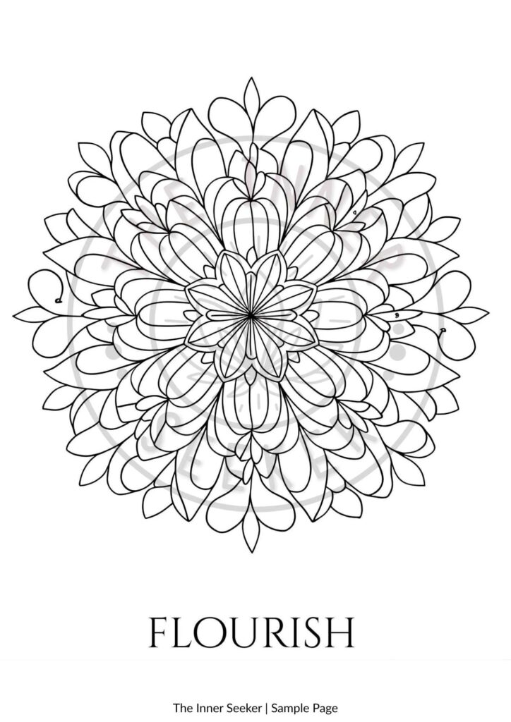 Flourish mandala coloring page sample from Signature Mandalas – Botanical Flow by The Inner Seeker