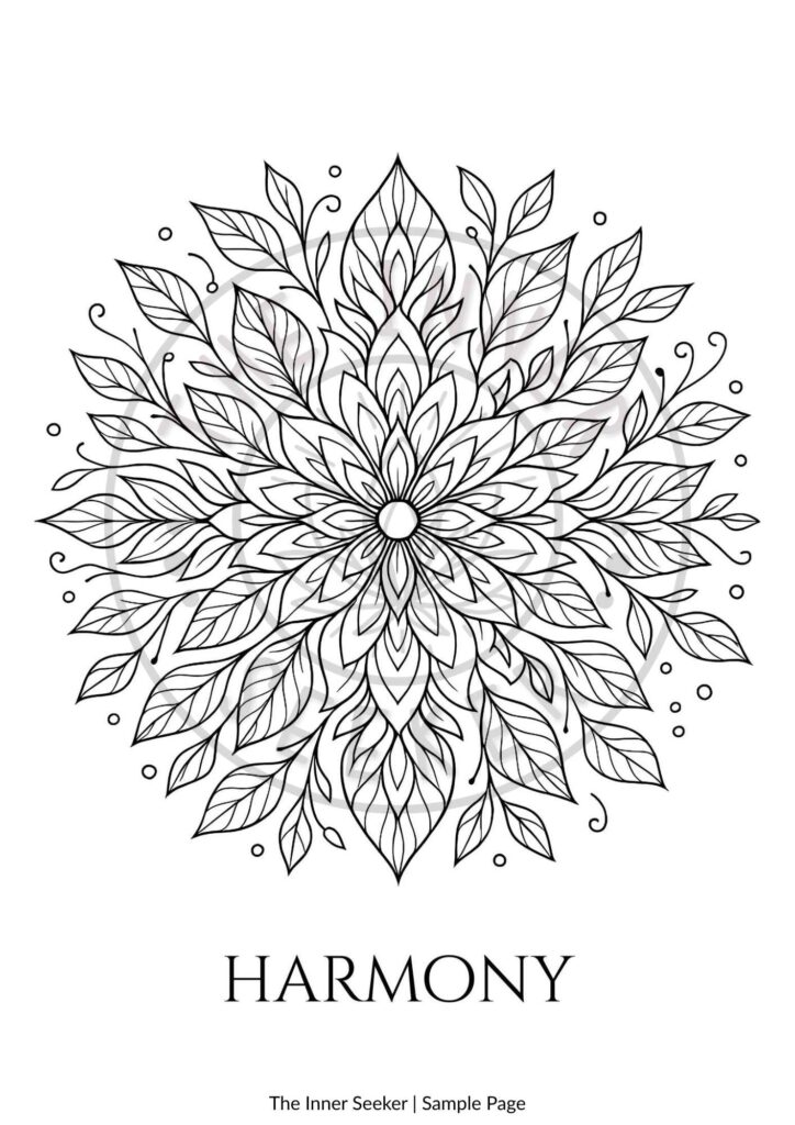Harmony mandala coloring page sample from Signature Mandalas – Botanical Flow by The Inner Seeker