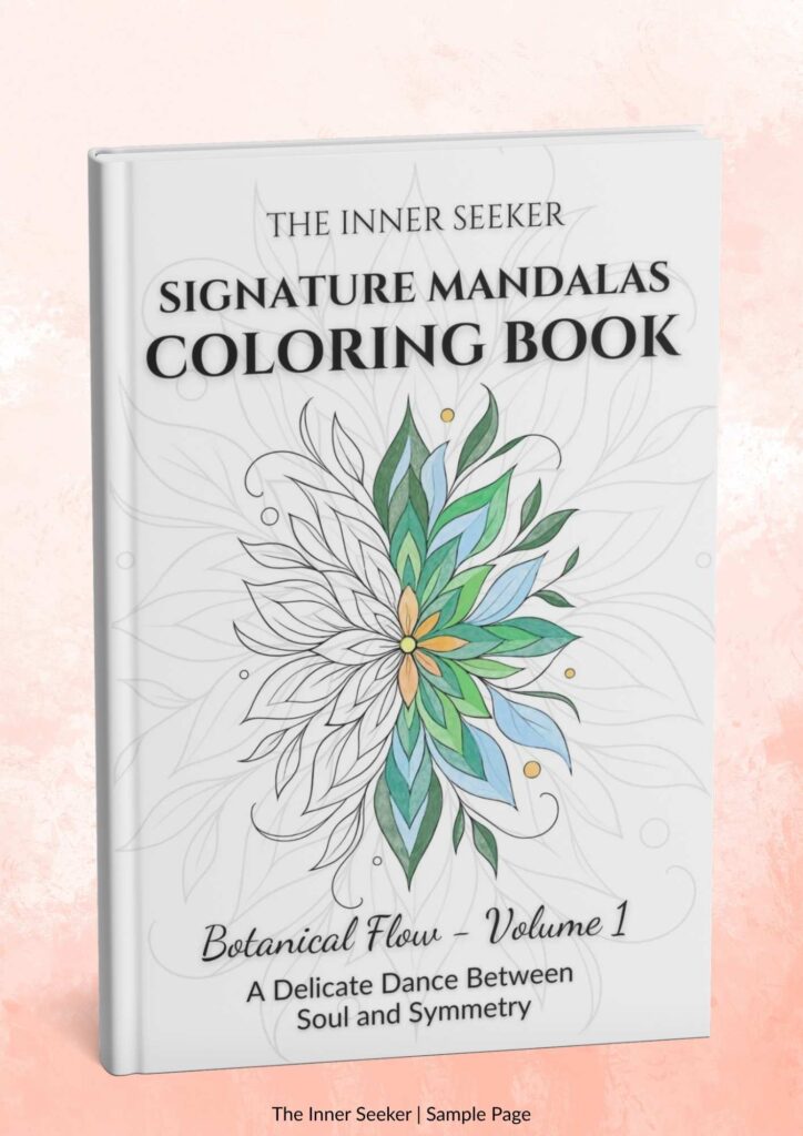 Signature Mandalas Coloring Book standing cover mockup – Botanical Flow Volume 1 by The Inner Seeker