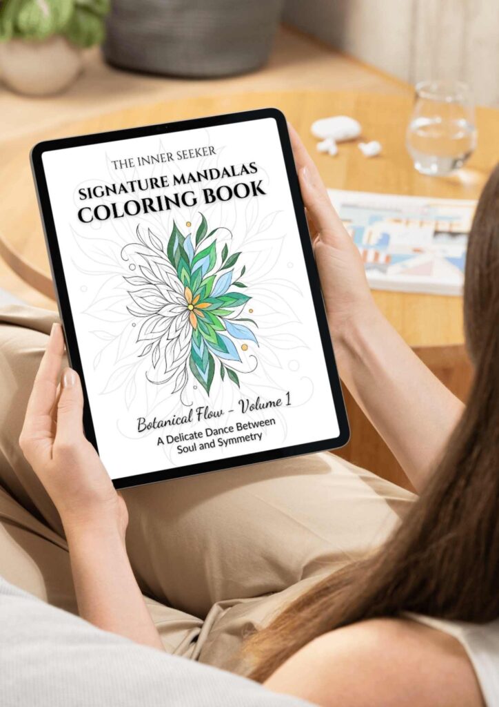 Signature Mandalas Coloring Book cover mockup on tablet screen – Botanical Flow by The Inner Seeker