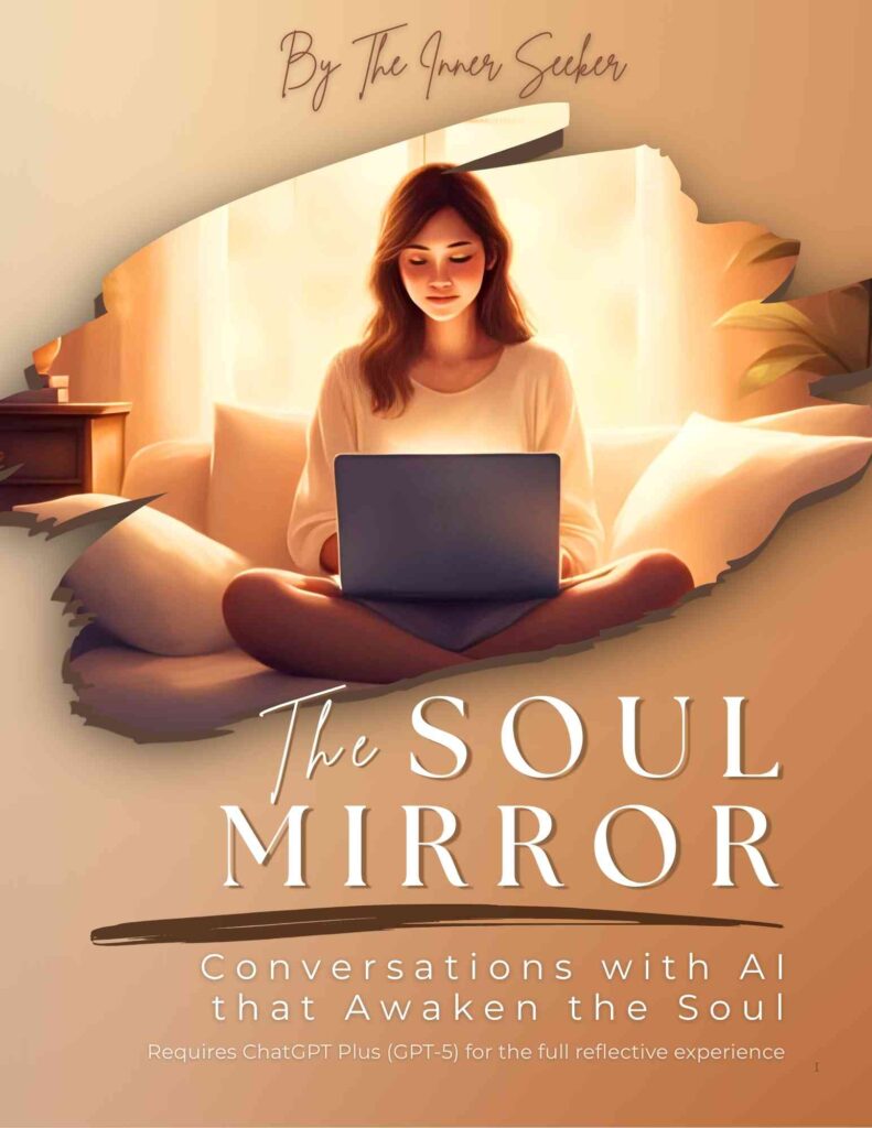 Minimalist beige and gold book cover titled The Soul Mirror eBook – Conversations with AI that Awaken the Soul by The Inner Seeker, featuring a serene figure bathed in light, symbolizing mindfulness and conscious dialogue with AI.