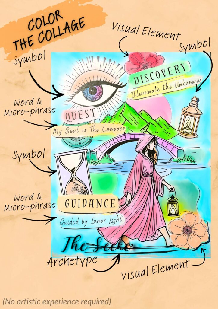 Colored example of an archetypal collage showing how symbols, words, and visual elements can be colored and personalized.