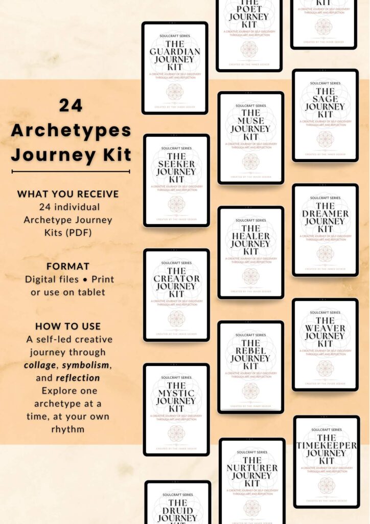 Overview of the 24 Archetypes Journey Kit showing multiple archetype covers and explaining what is included, the format, and how to use the self-led creative journey.