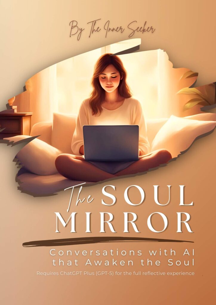 Minimalist beige and gold book cover titled The Soul Mirror eBook – Conversations with AI that Awaken the Soul by The Inner Seeker, featuring