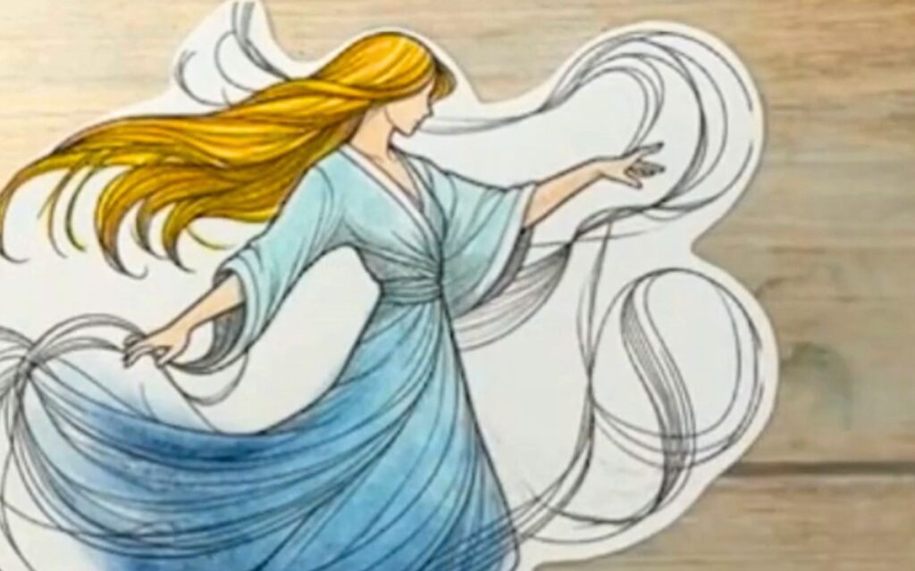 Colorized illustration of The Weaver archetype in blue tones with flowing threads symbolizing inner patterns and self-discovery.