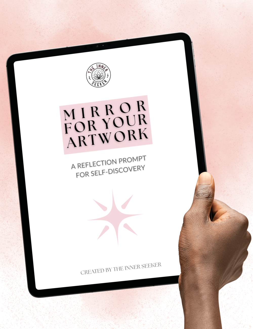 Hand holding a tablet displaying the Reflective Prompt cover.