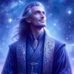 The Dreamer archetype: a visionary figure in a blue robe gazing upward into a luminous, star-filled sky