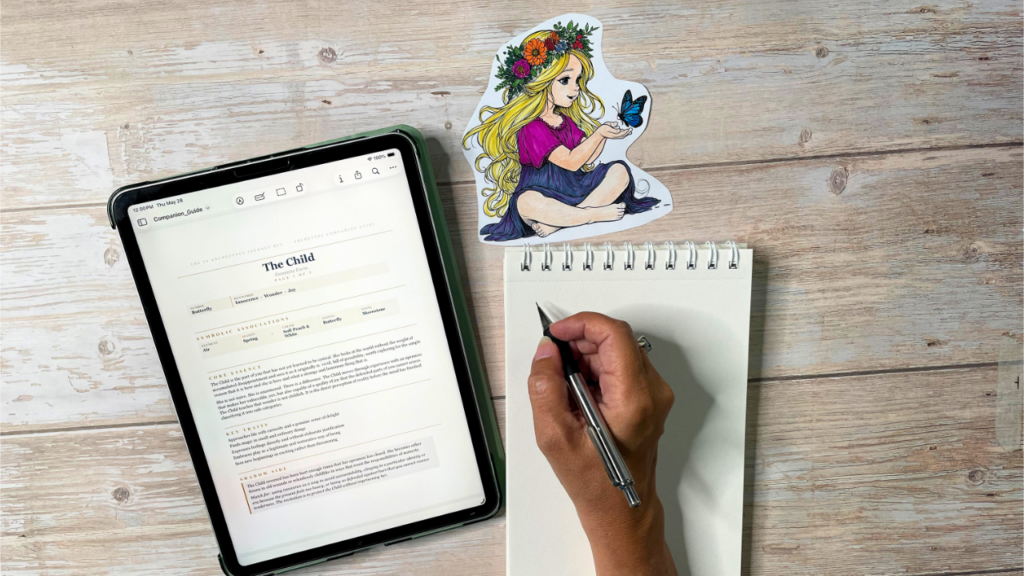 Art journal and archetype companion guide on iPad with archetype character cutout