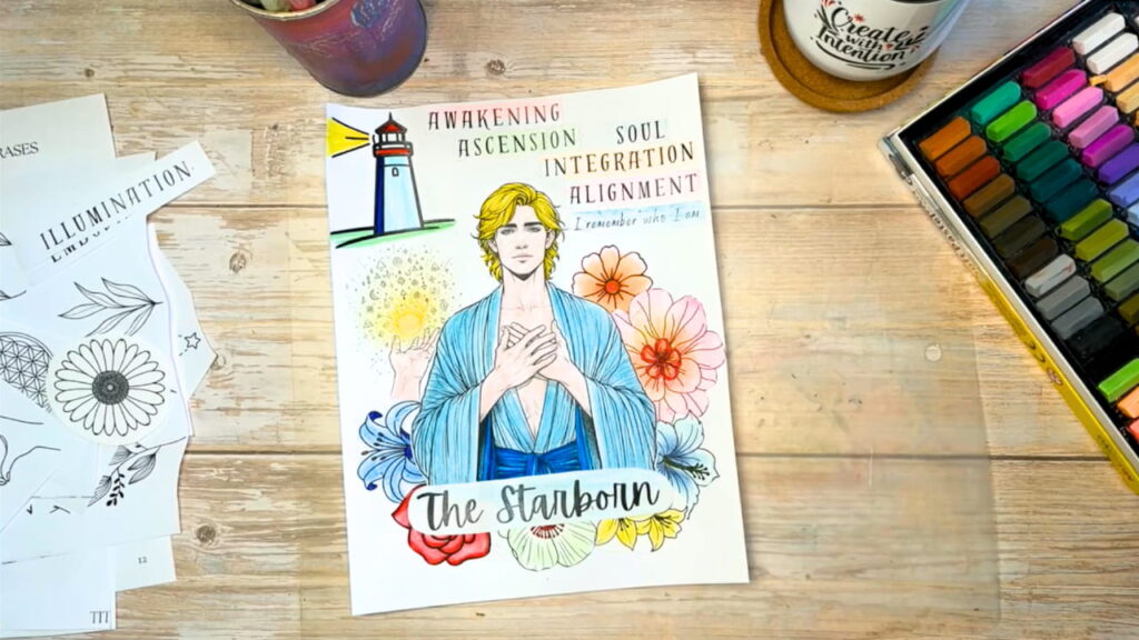 Finished archetype art journal page featuring The Starborn, colored with watercolors and pastels