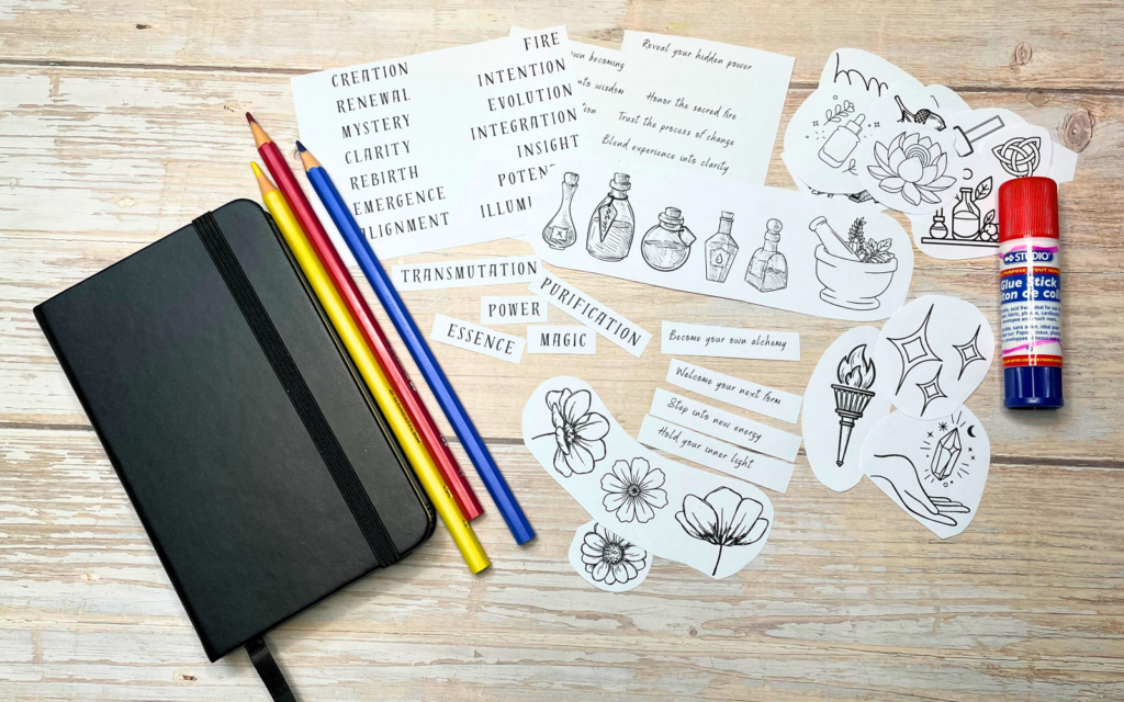 Art journaling for beginners supplies flat lay including a notebook, colored pencils, archetype symbols, botanicals, words, micro-phrases, and a glue stick