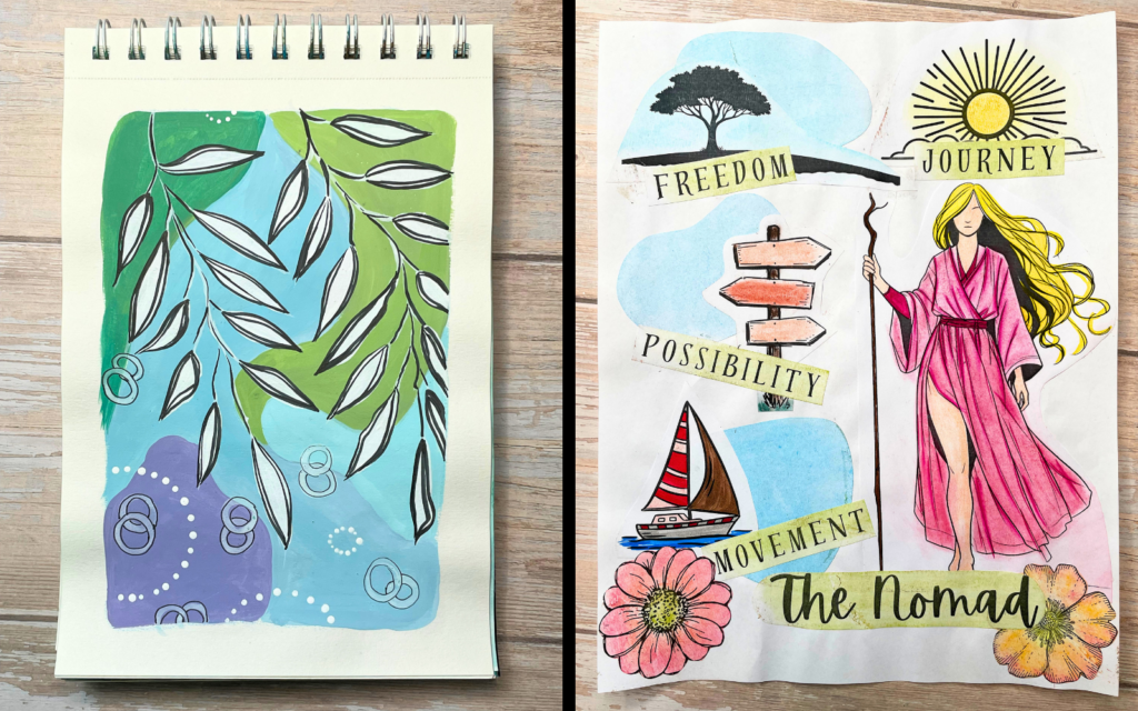 Art journaling for beginners comparison showing a decorative art journal page versus an intentional self-discovery art journal page featuring The Nomad archetype