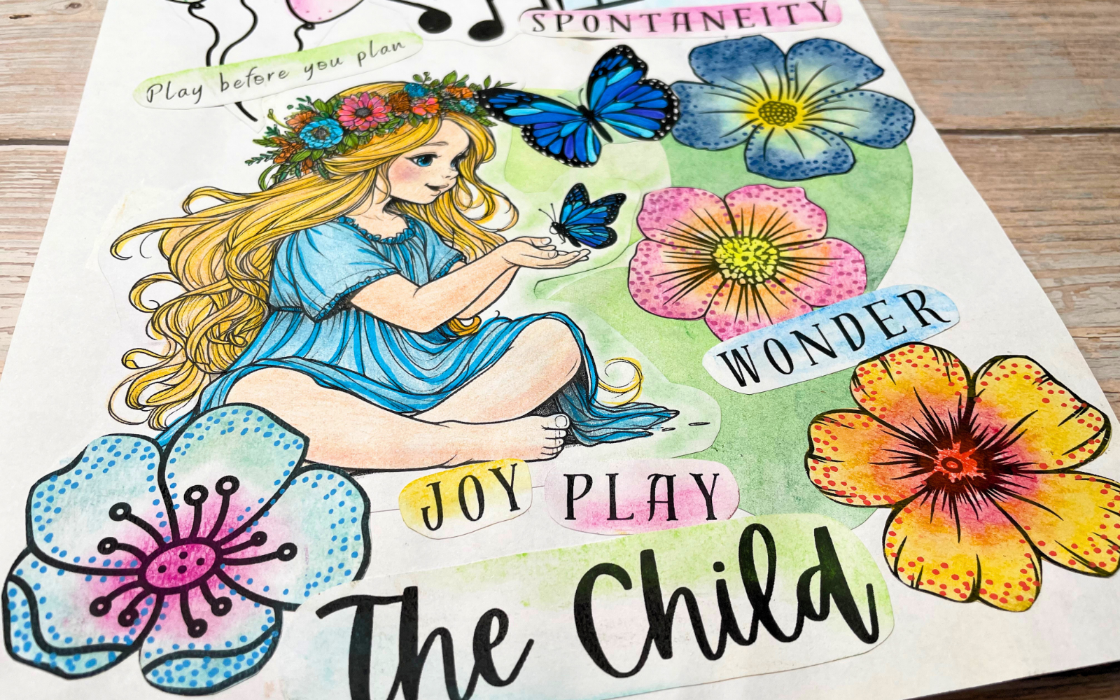 The Child archetype art journal page for beginners with botanicals, butterflies, and words Joy, Play, Wonder, Spontaneity