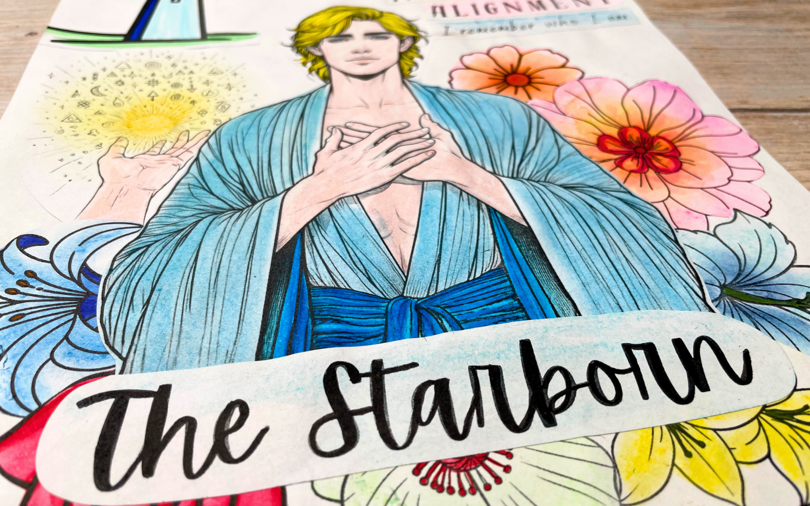 The Starborn archetype art journal page for beginners with celestial figure, colorful botanicals, and words Alignment, Remembrance