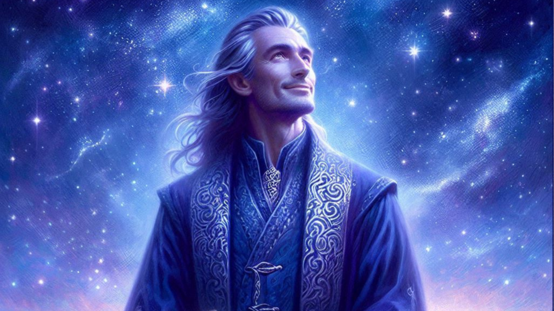 The Dreamer archetype: a visionary figure in a blue robe gazing upward into a luminous, star-filled sky
