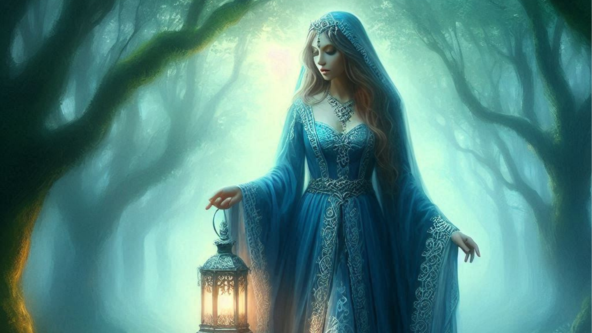The Seeker archetype illustration, a feminine figure carrying a lantern, representing quest, curiosity and self-discovery